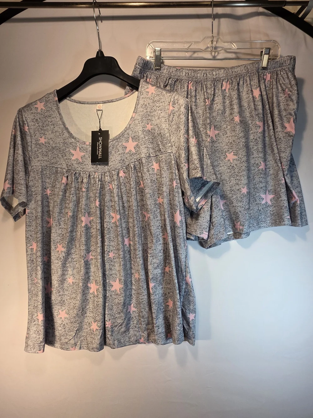 NEW Showmall Women Pajamas Babydoll Top With Shorts Size XL Gray Pink Stars Soft